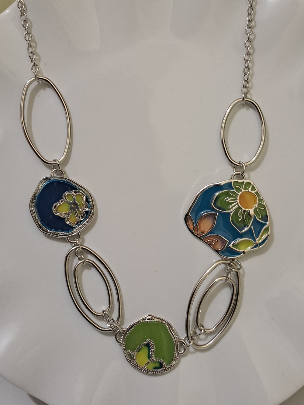 Paparazzi Blue & Green Floral Enamel Link Necklace